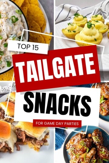 Collage featuring a variety of game day snacks including dips, sliders, wings, and bite-sized appetizers.