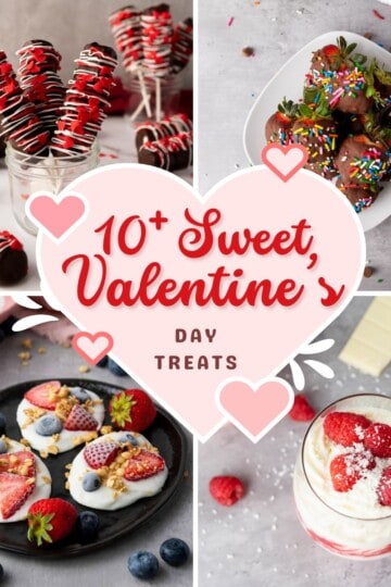 A variety of Valentine’s Day treats, including cookies, chocolates, and candies, arranged on a surface with heart decorations.