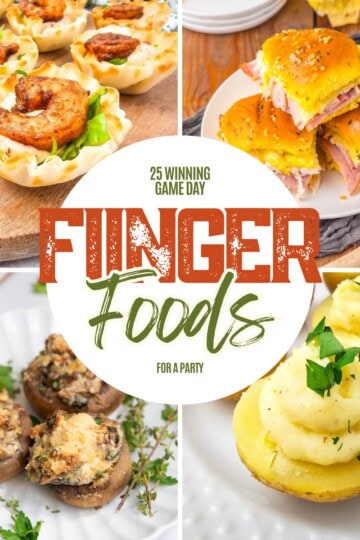 Collage of different appetizers, including sliders, dips, stuffed peppers, bruschetta, and skewers, showing a variety of finger foods.