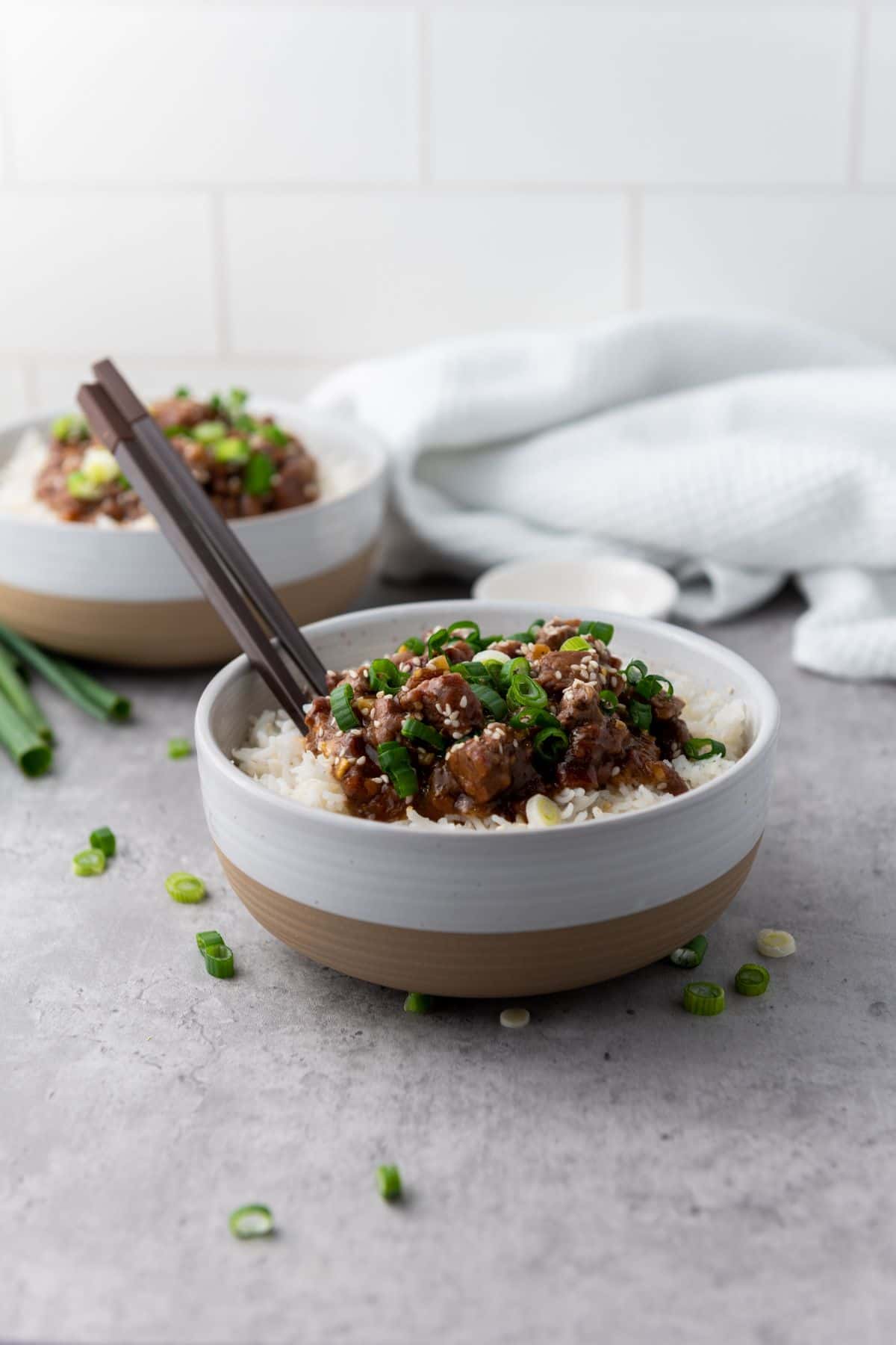 Freshly made beef and rice in bowls with chopped green onions, served on a gray textured background.