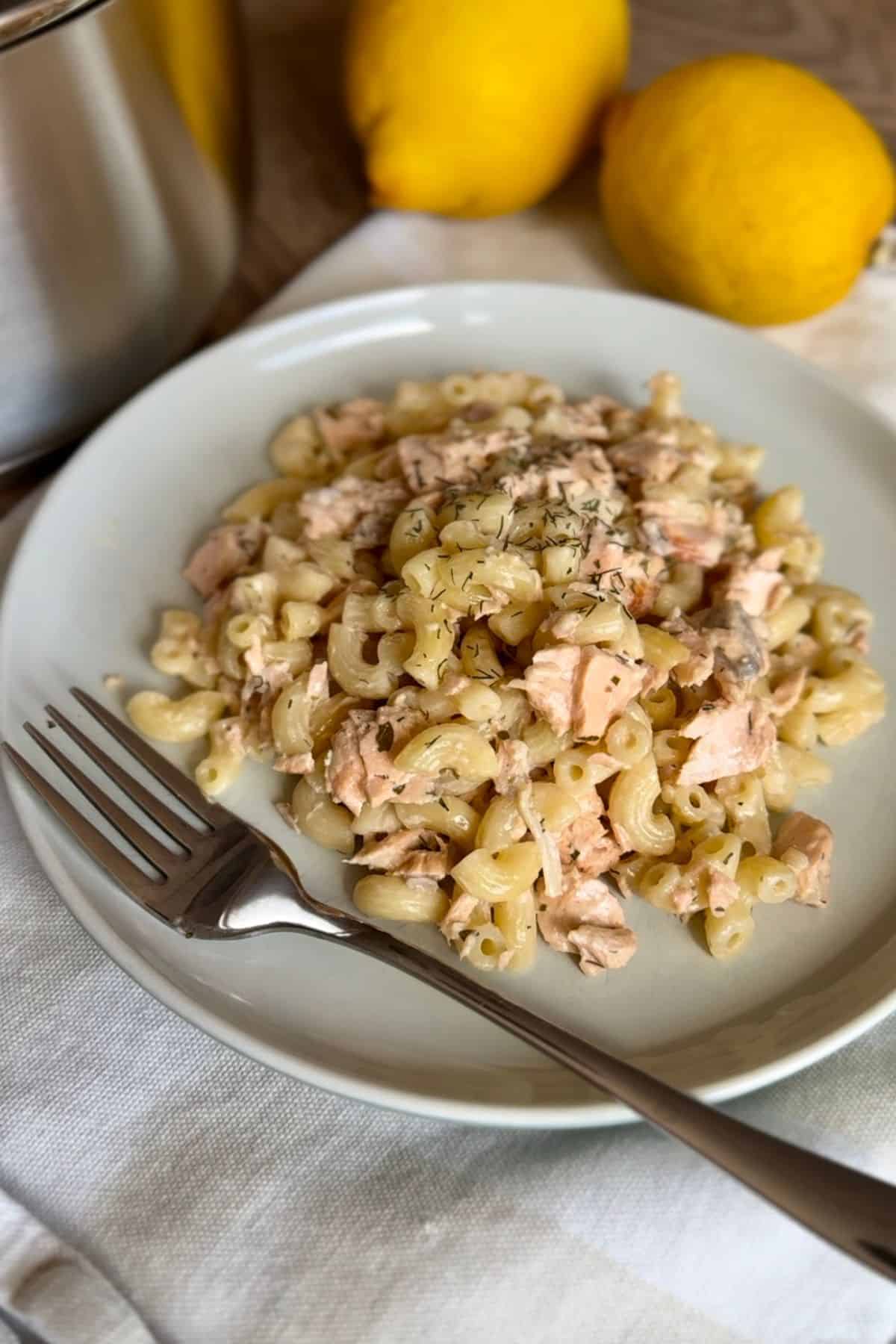A creamy salmon pasta served on a white plate with lemon garnishes, perfect for cozy meals.