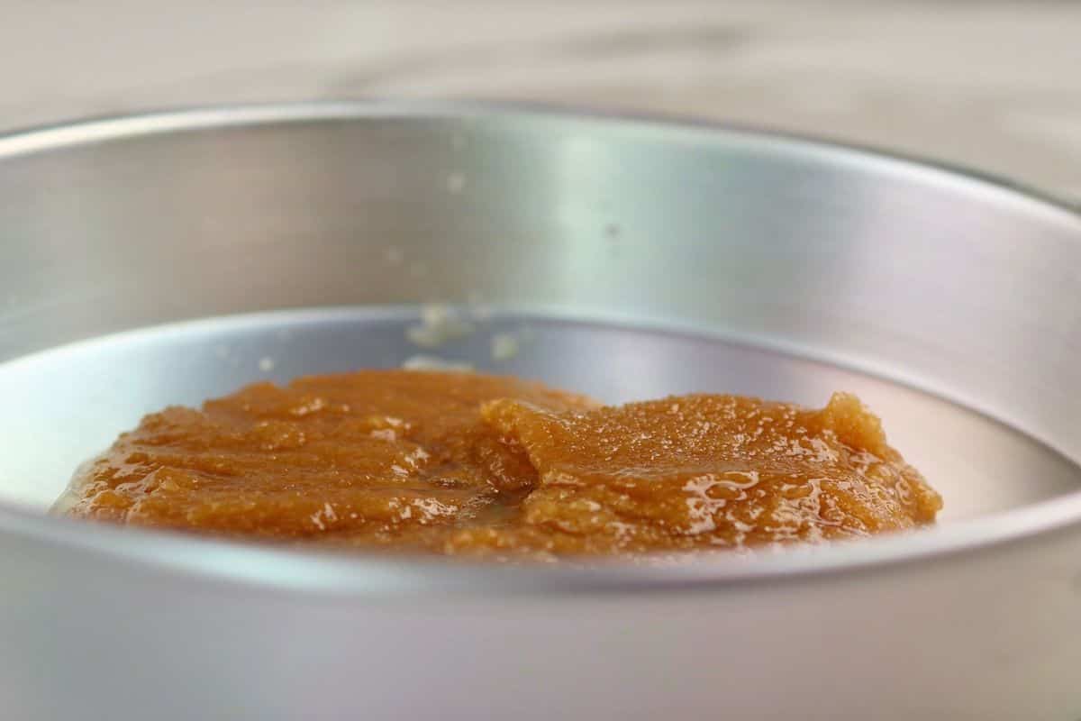 Close-up of a pet food dish with orange-colored mashed food for a dog.