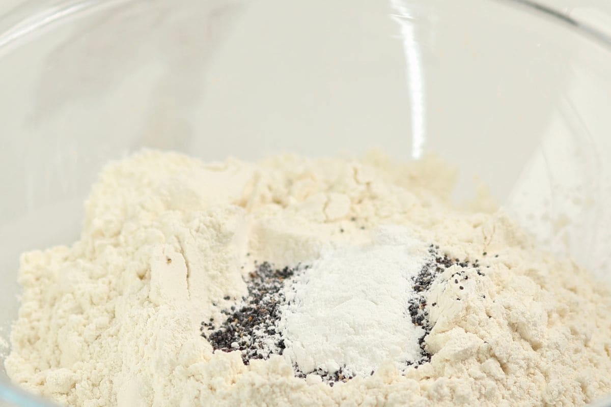 Baking ingredients and flour in a glass bowl for cooking or baking at home.