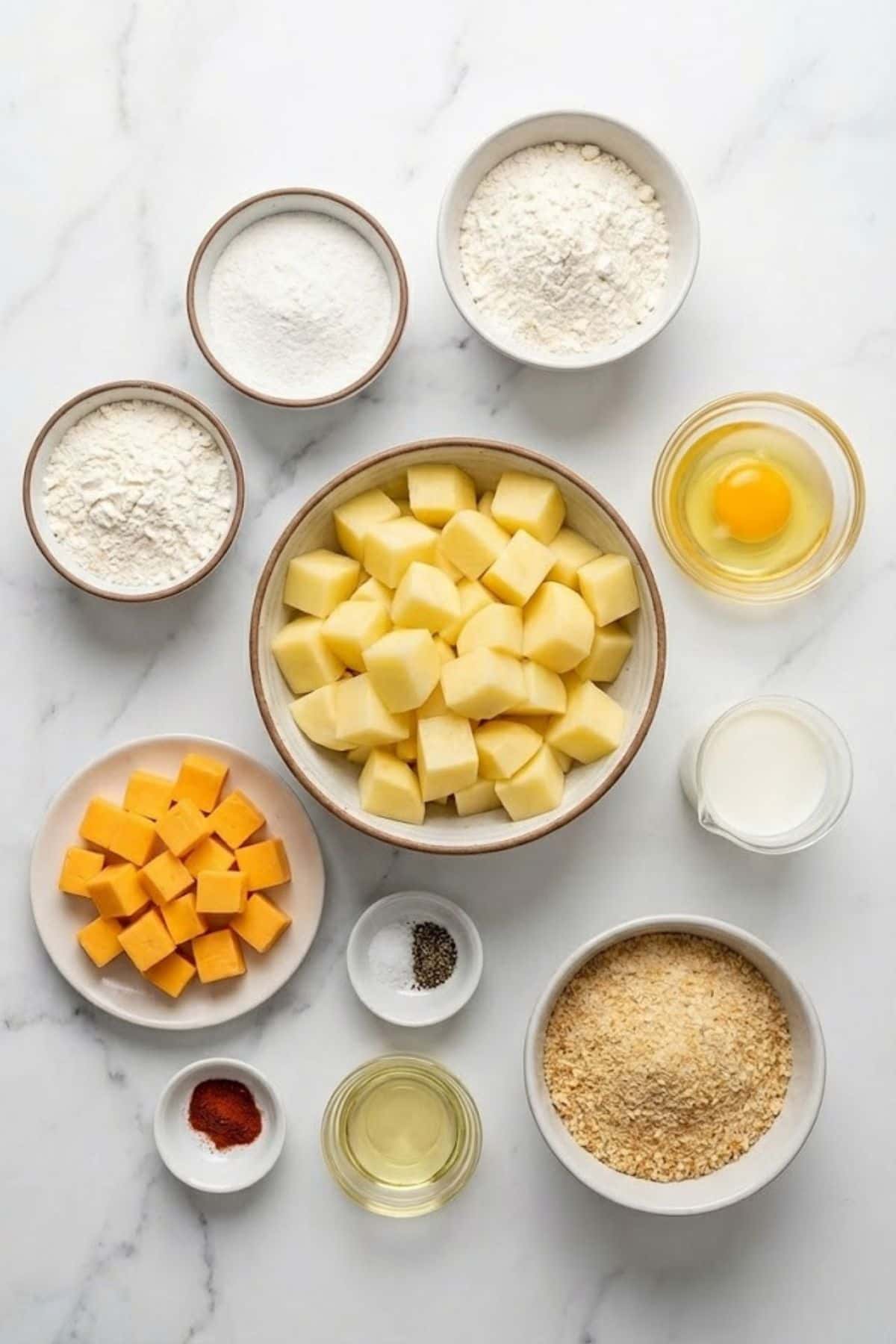 A variety of ingredients for sweet potato hash including diced sweet potatoes, cheese, eggs, flour, and spices laid out on a white marble surface.