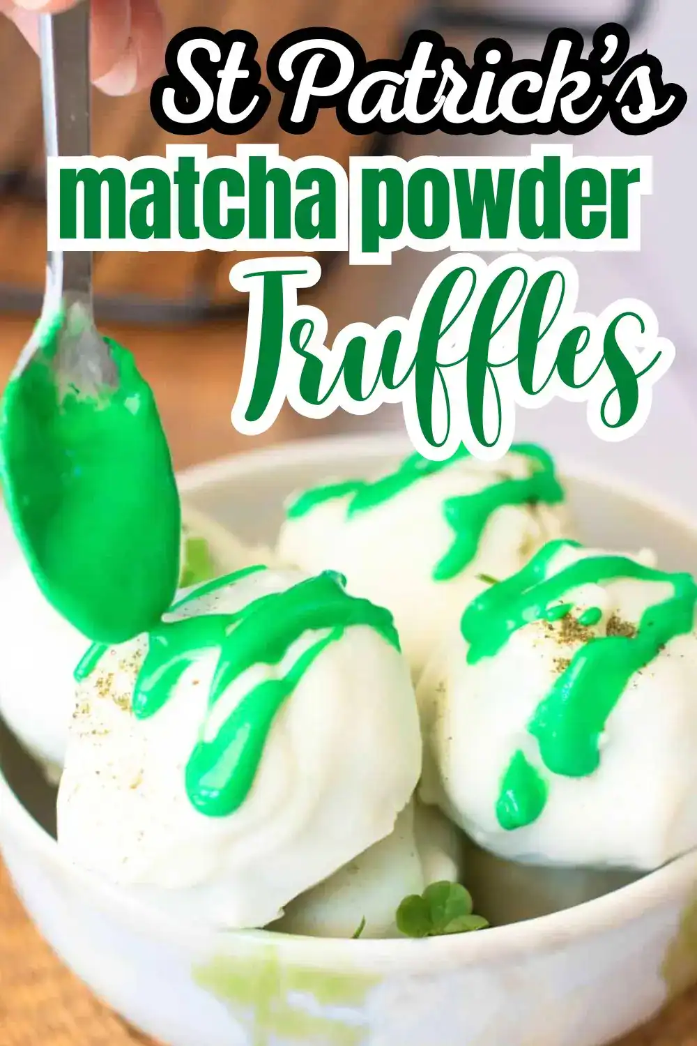 Festive matcha powder truffles decorated with green icing for St. Patrick's Day celebration.